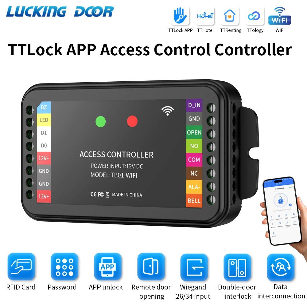 TTLock 2.4G WiFi Access Control Controller Supports APP Remote Unlock RFID Card Password Wiegand Input Double Door Interlock
TTLock 2.4G WiFi Access Control Controller Supports APP Remote Unlock RFID Card Password Wiegand Input Double Door Interlock