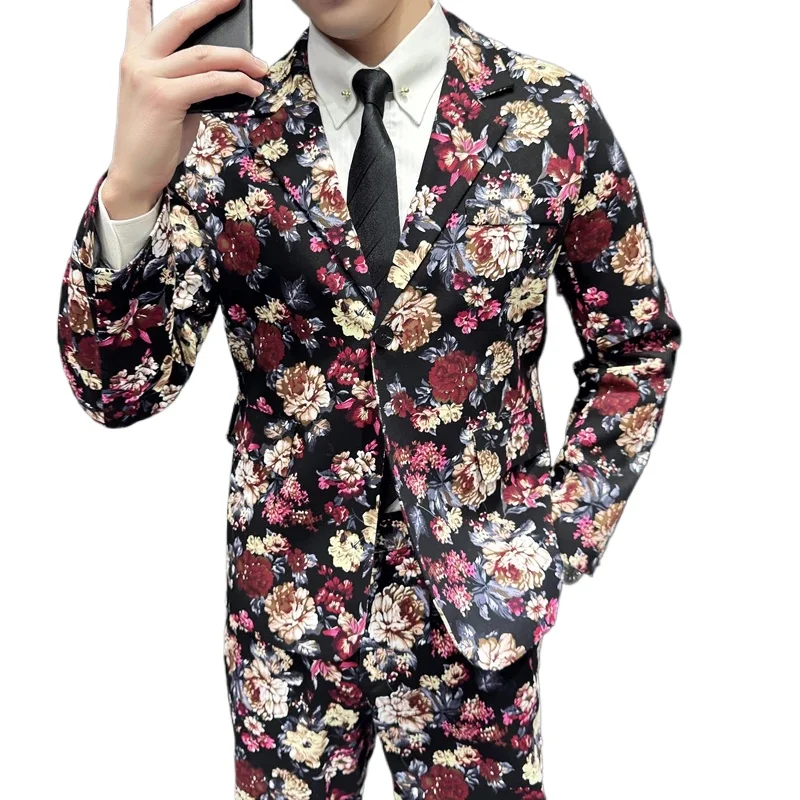 Men's Red Printed Suit Two-Piece, Blue Single Button V Collar Cotton Jacket with Trousers, Available in Black, Blue, and Beige
Men's Red Printed Suit Two-Piece, Blue Single Button V Collar Cotton Jacket with Trousers, Available in Black, Blue, and Beige