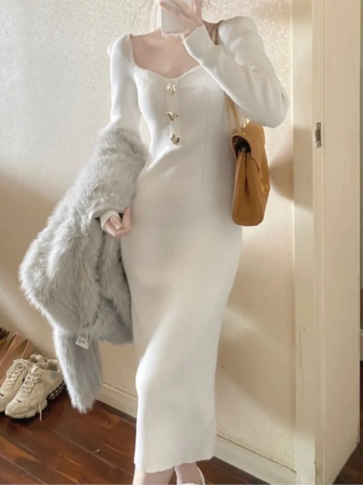 Autumn Winter New Knitted Dresses for Women Solid Square Collar Slim Bodycon Vintage Chic Korean Fashion Midi Vestidos Mujer
Autumn Winter New Knitted Dresses for Women Solid Square Collar Slim Bodycon Vintage Chic Korean Fashion Midi Vestidos Mujer