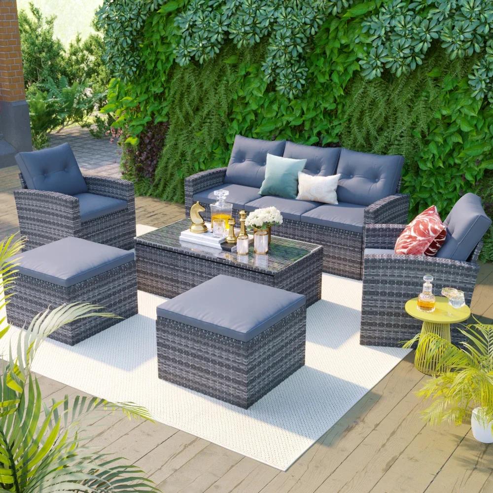 6-piece all-weather willow combination set, including coffee table, footstool, and detachable cushion (light gray cushion)
6-piece all-weather willow combination set, including coffee table, footstool, and detachable cushion (light gray cushion)
