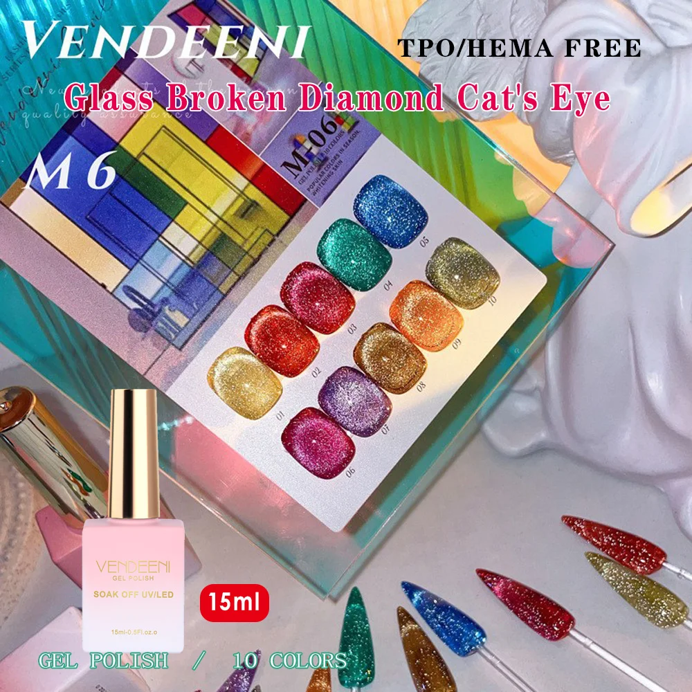 Vendeeni 10-цветный лак для ногтей из конфетного стекла с разбитыми бриллиантами «кошачий глаз» Soak Off UV LED Блестящий маникюрный лак для ногтей TPO/HEMA Free 
Vendeeni 10-цветный лак для ногтей из конфетного стекла с разбитыми бриллиантами «кошачий глаз» Soak Off UV LED Блестящий маникюрный лак для ногтей TPO/HEMA Free