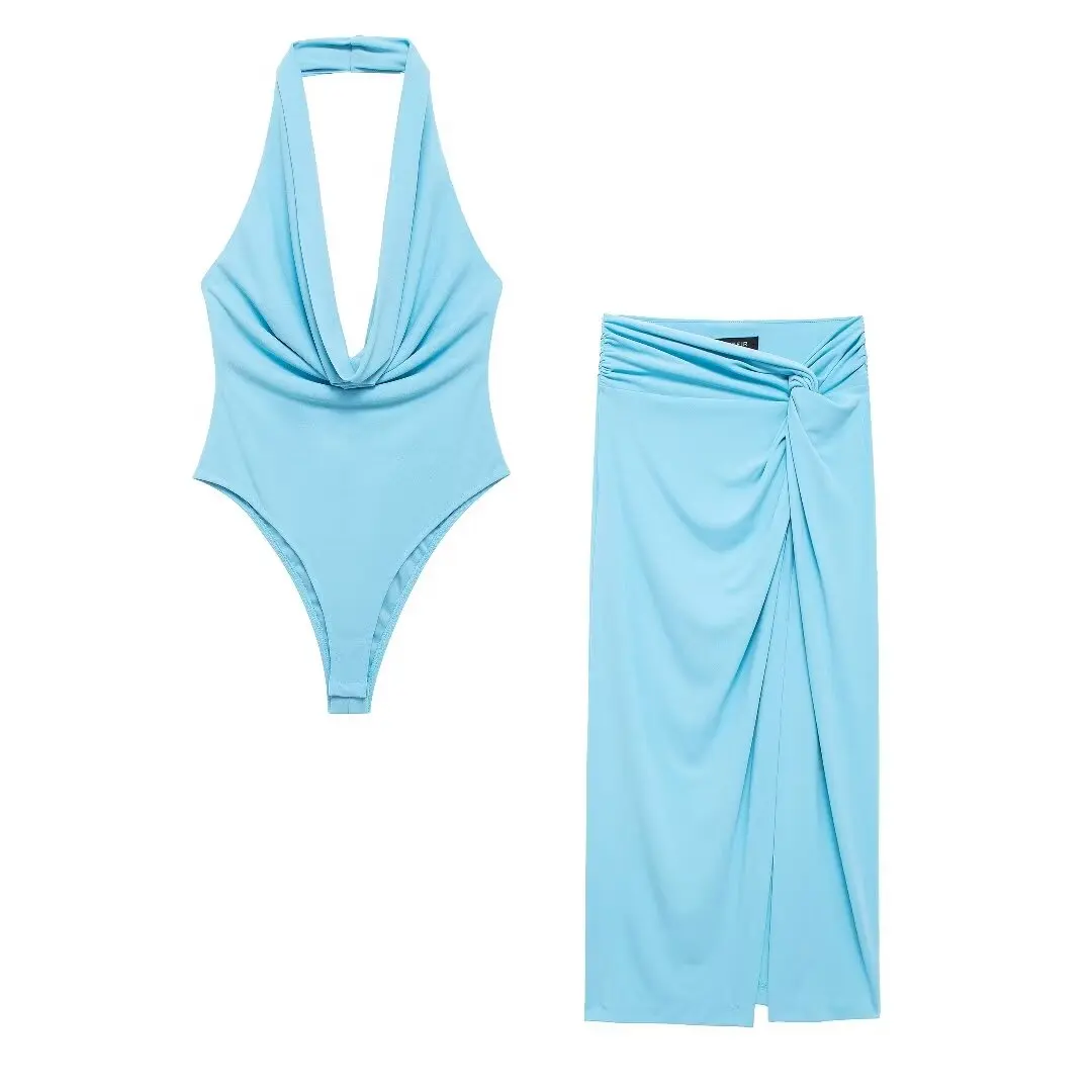 Women's new fashion pleated decoration sexy backless halter neck top retro sleeveless women's vest chic top+skirt women's suit
Women's new fashion pleated decoration sexy backless halter neck top retro sleeveless women's vest chic top+skirt women's suit