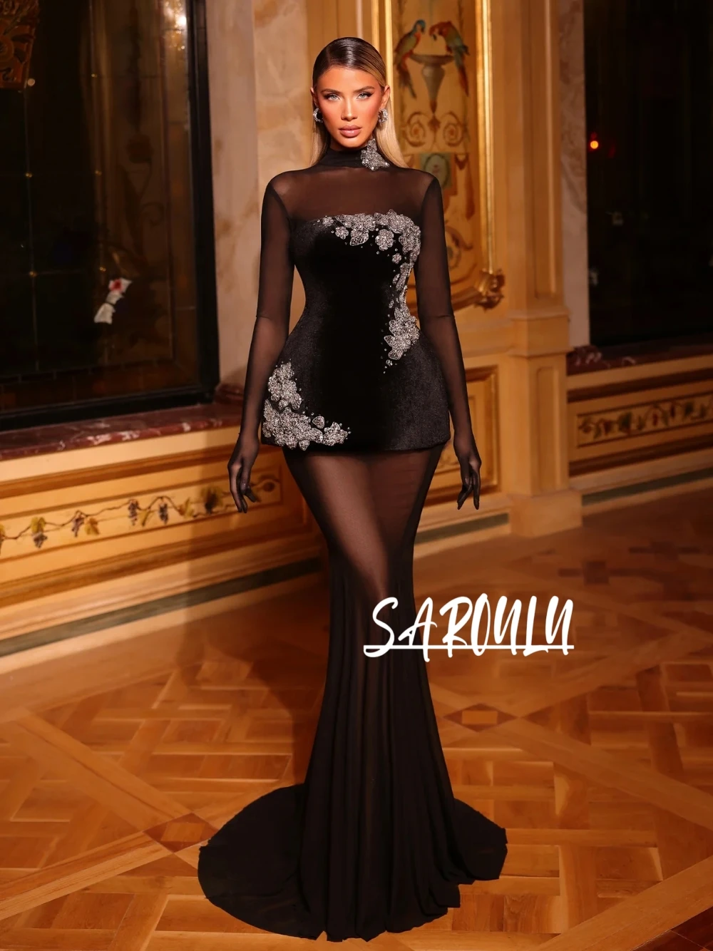 Elegant Black Formal Evening Gown Sexy Mesh Velvet Rhinestone Embellished Floor-Length Retro Wedding Gala Prom Wear No Gloves
Elegant Black Formal Evening Gown Sexy Mesh Velvet Rhinestone Embellished Floor-Length Retro Wedding Gala Prom Wear No Gloves