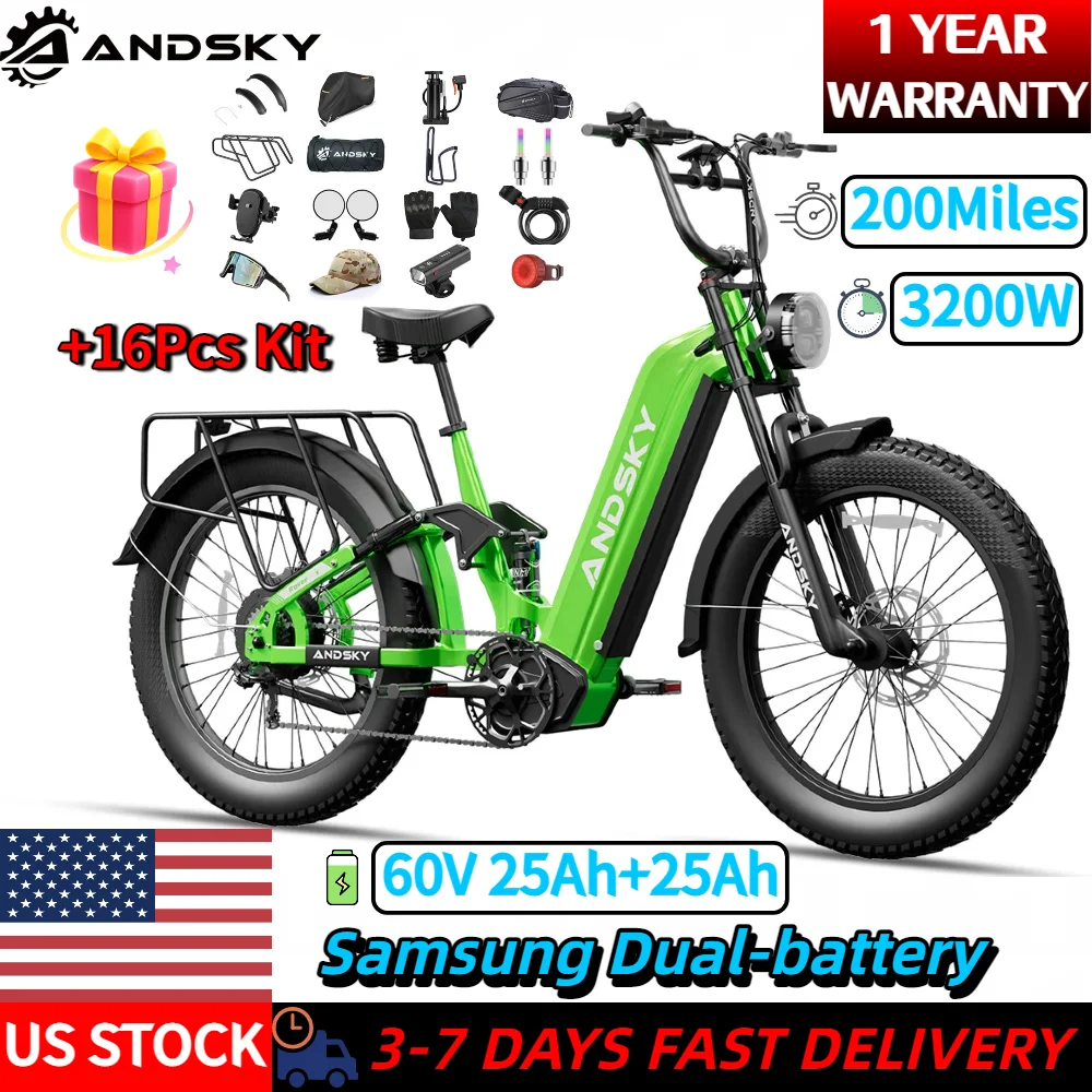 ANDSKY Rover X Electric Bike 200Miles Extremely Long Range 43MPH 60V 25Ah+25Ah Dual Battery 3200W Motor Power 150+Nm Torque Electric Bicycle with Shimano 7-Speed Gears Triple Shock Suspension E-bike and 16-Piece Kit
ANDSKY Rover X Electric Bike 200Miles Extremely Long Range 43MPH 60V 25Ah+25Ah Dual Battery 3200W Motor Power 150+Nm Torque Electric Bicycle with Shimano 7-Speed Gears Triple Shock Suspension E-bike and 16-Piece Kit