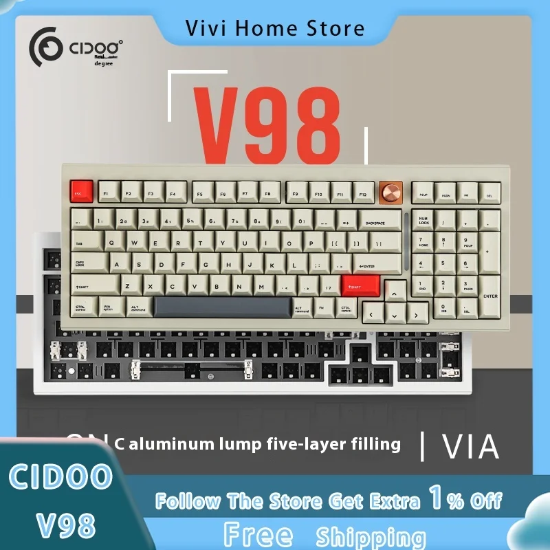 Cidoo V98 Customized Mechanical Keyboard VIA Aluminum Hot Plug Gasket Three Mode Bluetooth Wireless Pc Game Keyboard Laptop
Cidoo V98 Customized Mechanical Keyboard VIA Aluminum Hot Plug Gasket Three Mode Bluetooth Wireless Pc Game Keyboard Laptop