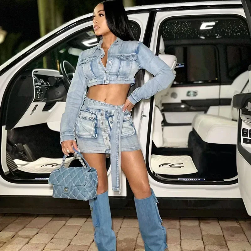 Streetwear Jean Denim Dress Sets Womens 2 Piece Outfit Birthday Pockets Crop Jacket Top and Mini Skirt Club Party Matching Sets
Streetwear Jean Denim Dress Sets Womens 2 Piece Outfit Birthday Pockets Crop Jacket Top and Mini Skirt Club Party Matching Sets