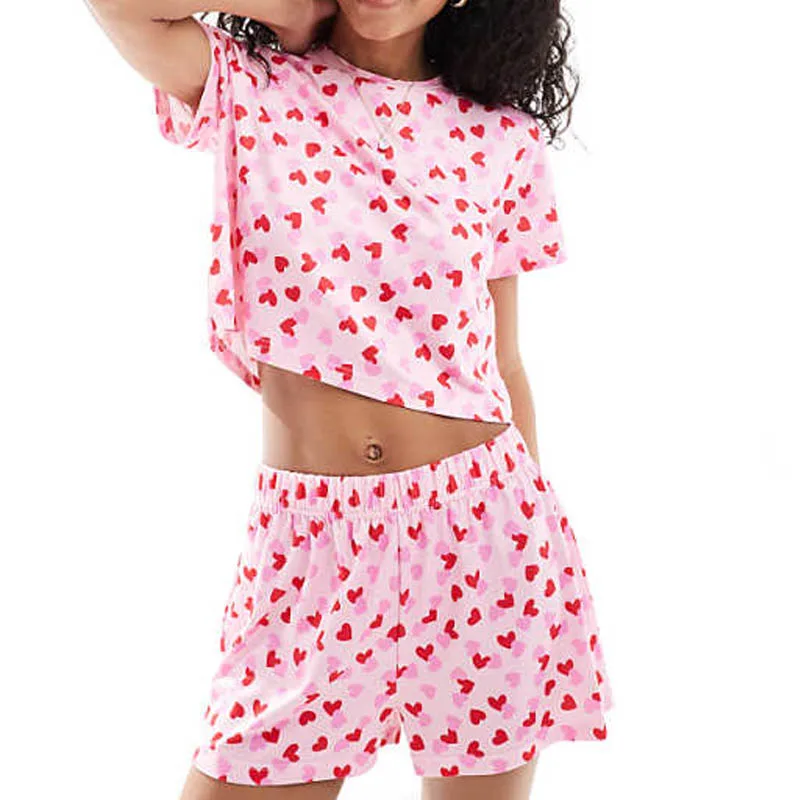 Valentine's Day Lounge Set Women Heart Print Short Sleeve Crop Tops and Shorts 2 Piece Sleepwear Sets Pajamas Outfits
Valentine's Day Lounge Set Women Heart Print Short Sleeve Crop Tops and Shorts 2 Piece Sleepwear Sets Pajamas Outfits