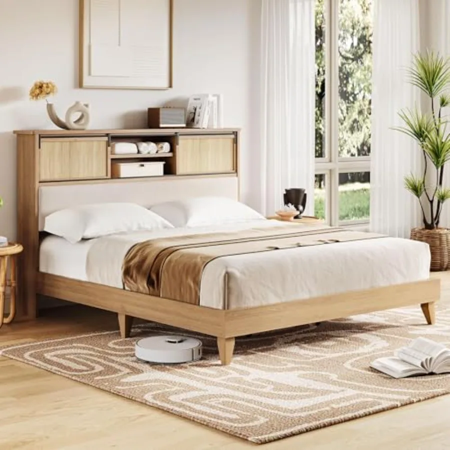 Solid Wood Bed Frame with Storage Shelves, Rattan Upholstered Bookcase Headboard with Sliding Doors and Adjustable Shelf, No Bo
Solid Wood Bed Frame with Storage Shelves, Rattan Upholstered Bookcase Headboard with Sliding Doors and Adjustable Shelf, No Bo