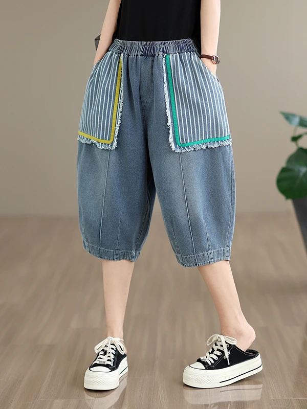 Casual Style High Waist Patchwork Denim Shorts Women's Loose Fit Summer Cotton Jeans with Elastic Waist And Stripe Pattern
Casual Style High Waist Patchwork Denim Shorts Women's Loose Fit Summer Cotton Jeans with Elastic Waist And Stripe Pattern