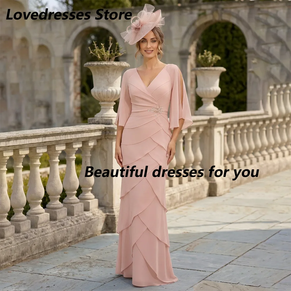 Pink Chiffon Mother of The Bride Dresses V Neck Half Sleeves Crystal Mermaid Wedding Guest Formal Evening Dress Customized
Pink Chiffon Mother of The Bride Dresses V Neck Half Sleeves Crystal Mermaid Wedding Guest Formal Evening Dress Customized