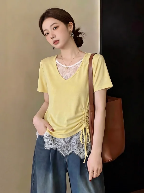 Lace Splice Yellow Short Sleeve T-Shirt Women's Summer New plus Size Irregular Drawstring Top Korean Style Loose Fit Commute
Lace Splice Yellow Short Sleeve T-Shirt Women's Summer New plus Size Irregular Drawstring Top Korean Style Loose Fit Commute