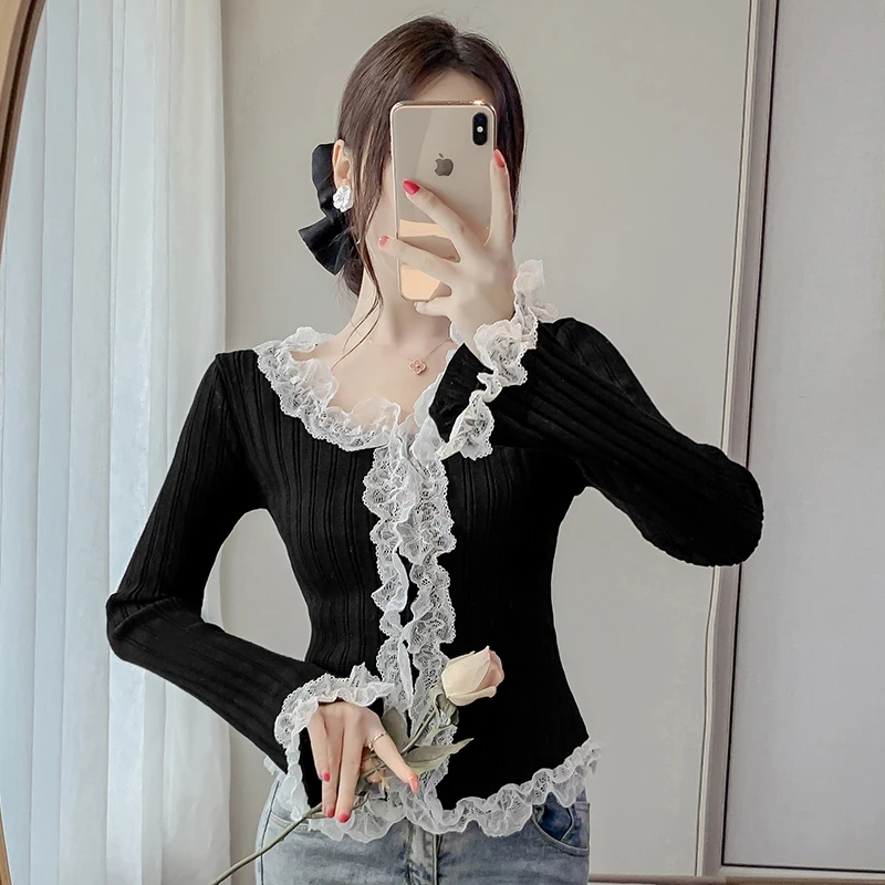 Elegant Lace Ruffles Sweater Women Spring Autumn Jumper V Neck Long Sleeve Slim Knitted Tops Pull Femme
Elegant Lace Ruffles Sweater Women Spring Autumn Jumper V Neck Long Sleeve Slim Knitted Tops Pull Femme