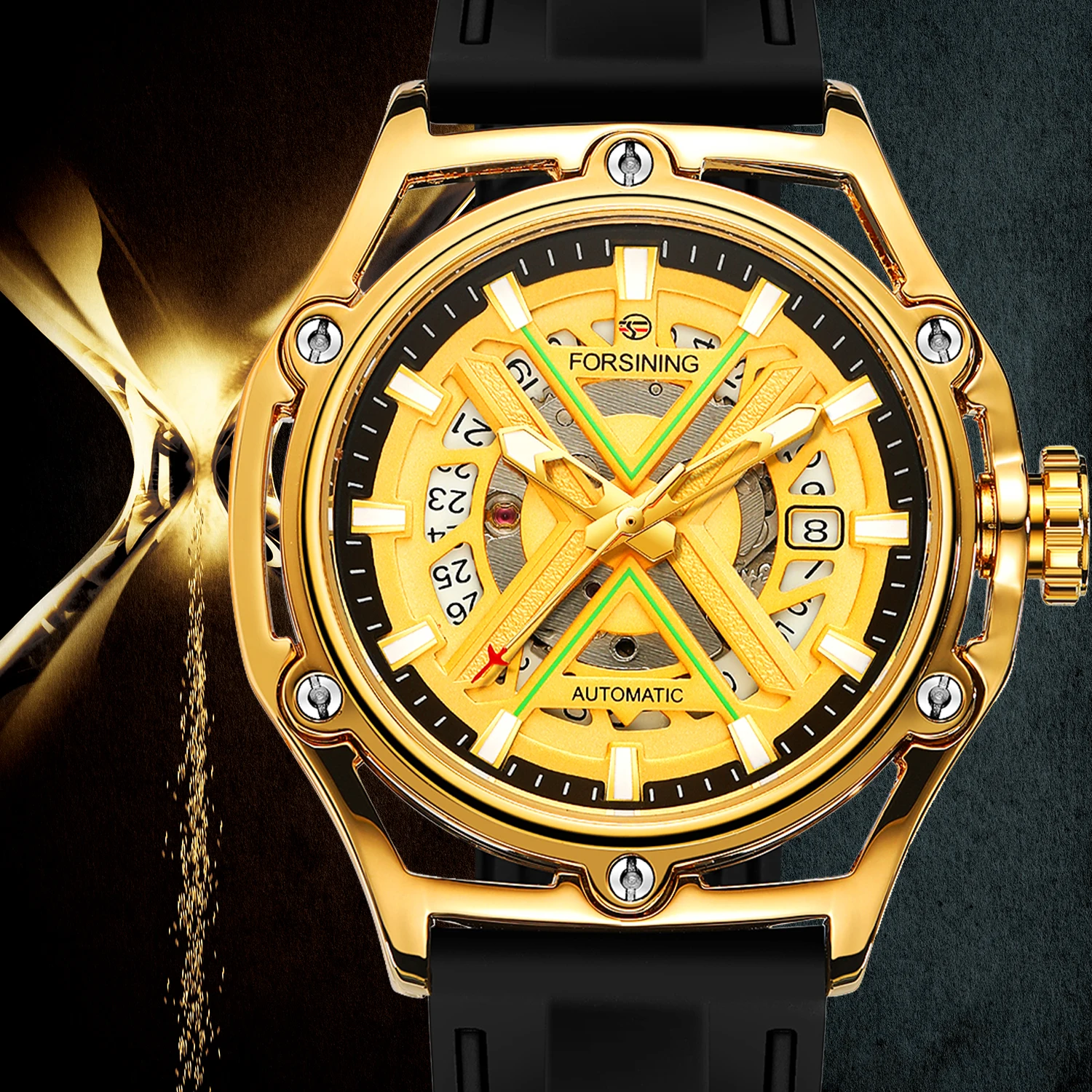 Luxury Golden Case Skeleton Automatical Self Wind Men's Mechanical Watch Luminous Scale Black Silicone Strap Sport Wristwatch
Luxury Golden Case Skeleton Automatical Self Wind Men's Mechanical Watch Luminous Scale Black Silicone Strap Sport Wristwatch