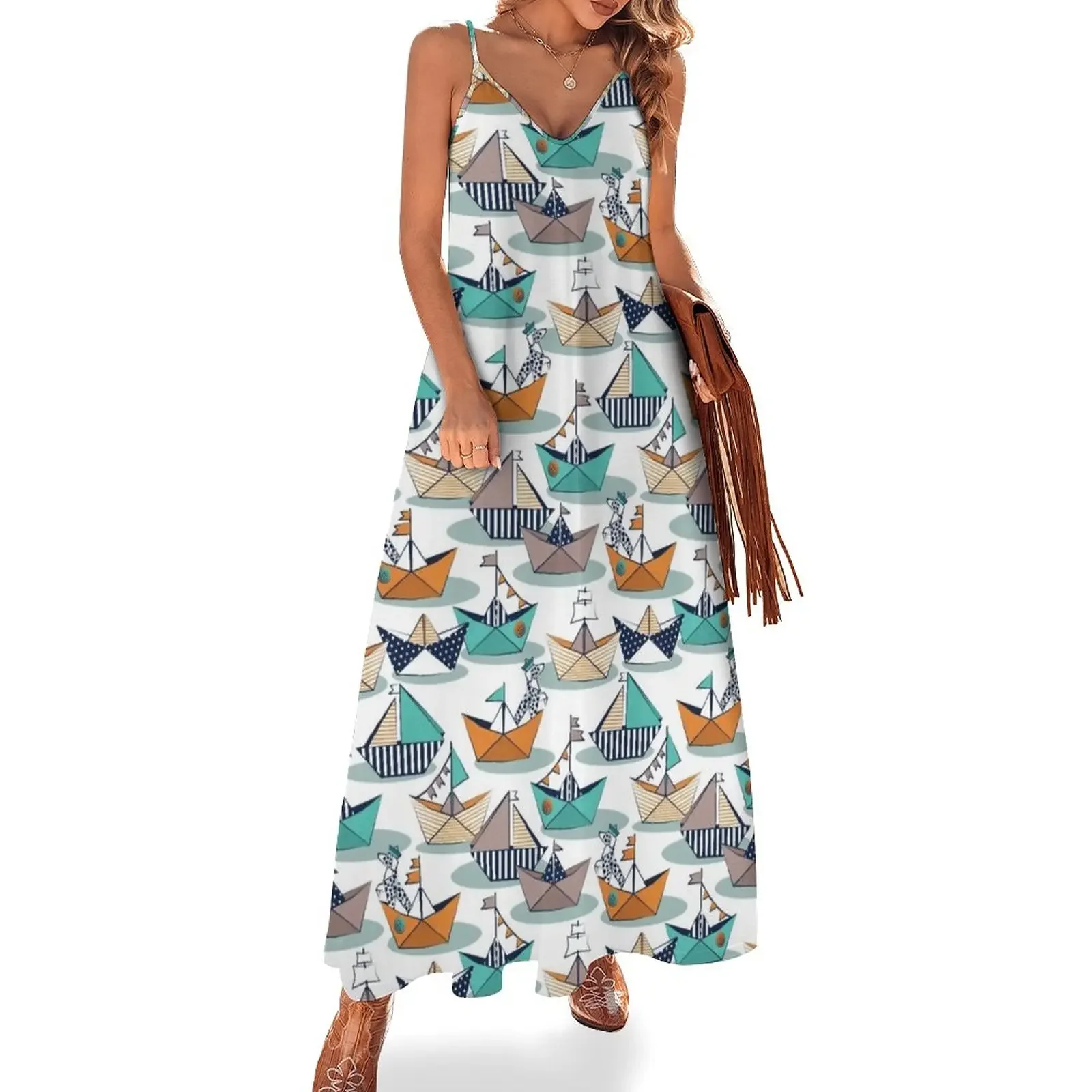 Origami dog day at the lake // white background orange aqua and brown taupe origami sail boats with cute Dalmat Sleeveless Dress
Origami dog day at the lake // white background orange aqua and brown taupe origami sail boats with cute Dalmat Sleeveless Dress