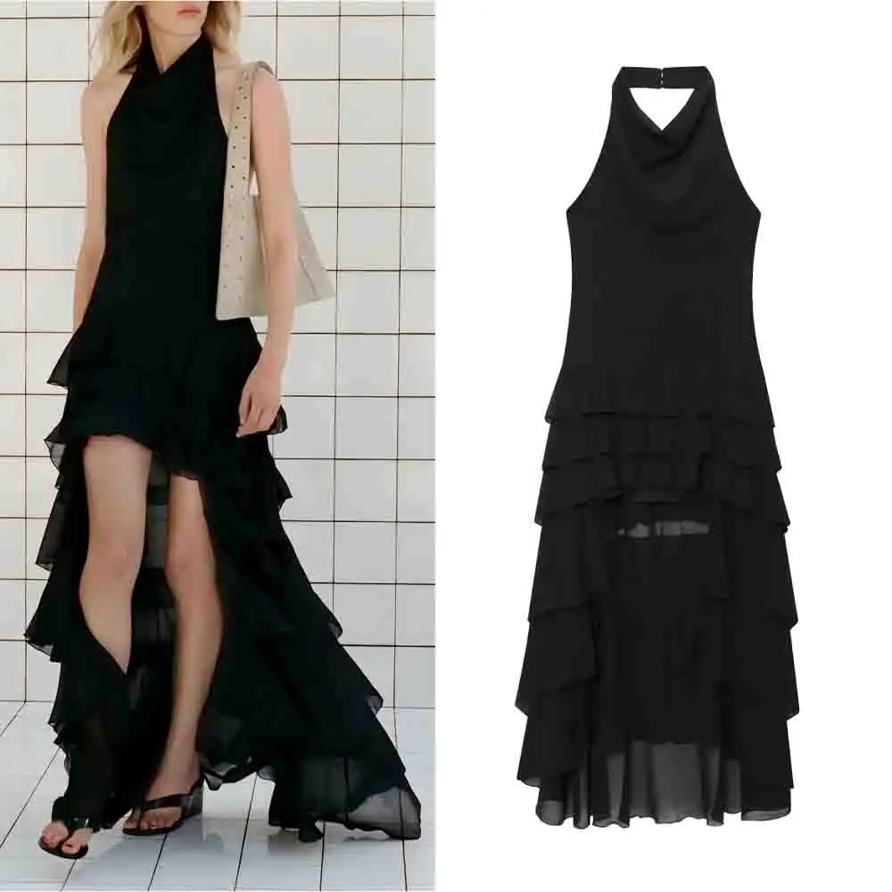 Women's 2025 new fashion layered decoration sleeveless hanging neck MIDI dress retro backless women's dress
Women's 2025 new fashion layered decoration sleeveless hanging neck MIDI dress retro backless women's dress