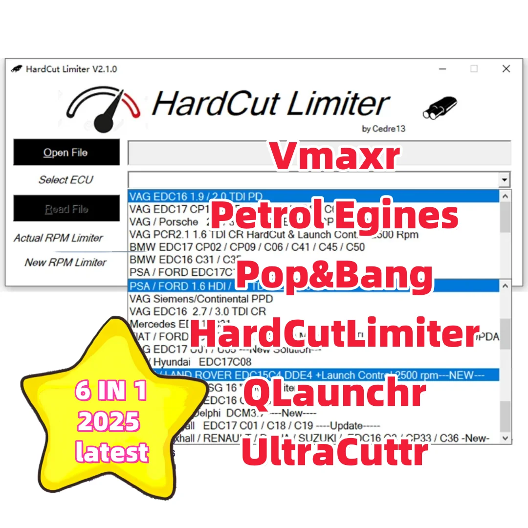 ECU pop bang software 6 IN 1 PACKAGE HardCut Limiter Diesel/Petrol Engine UltraCuttr/Pop&Bang/HARDCUT VMAX/HotStartr/QLaunchr
ECU pop bang software 6 IN 1 PACKAGE HardCut Limiter Diesel/Petrol Engine UltraCuttr/Pop&Bang/HARDCUT VMAX/HotStartr/QLaunchr