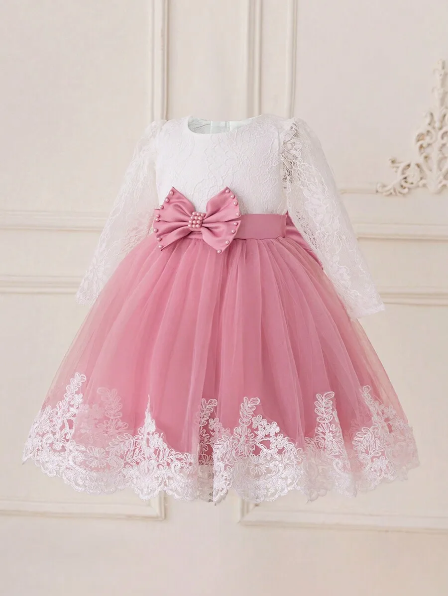 Elegant Pink Lace Mesh Long Sleeve Princess Dress For Formal Evening
Elegant Pink Lace Mesh Long Sleeve Princess Dress For Formal Evening
