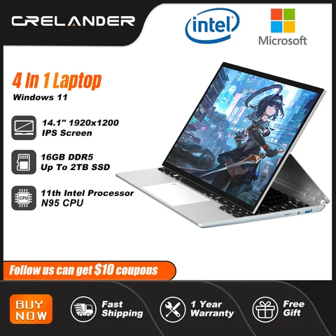 CRELANDER 4 in 1 Laptop 14 inch Touch Screen Celeron N95 16GB Ram Windows 11 Tablet PC Notebook Computer For Student Business