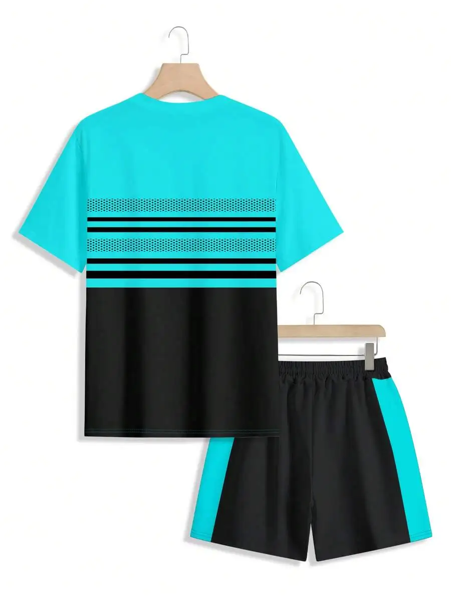 Mens Turquoise And Black Striped Short Sleeve T-Shirt And Shorts 2-Piece Set Summer Casual Sports Outfit
Mens Turquoise And Black Striped Short Sleeve T-Shirt And Shorts 2-Piece Set Summer Casual Sports Outfit