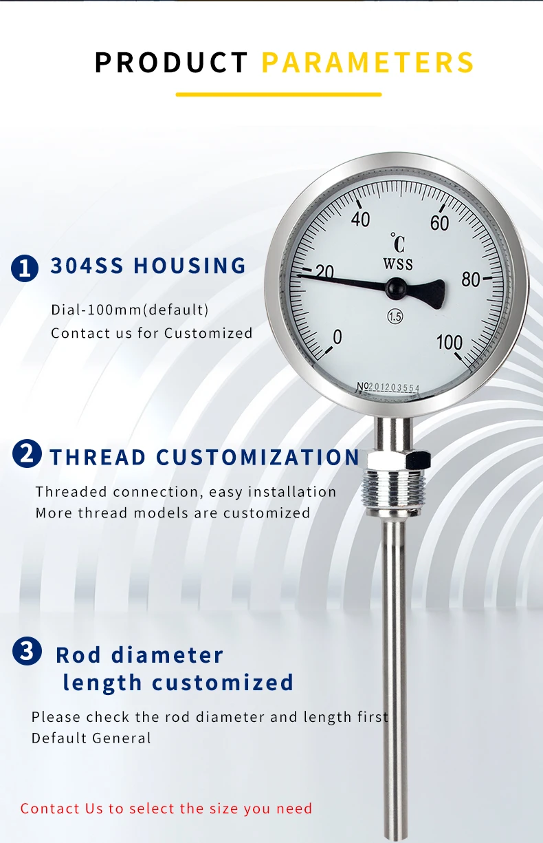 0-100℃ 0-200℃ 8mm Diameter Radial Axial PT100 Bimetal ThermometerWSS401/411/481 100mm Dial Bimetallic Thermometer
0-100℃ 0-200℃ 8mm Diameter Radial Axial PT100 Bimetal ThermometerWSS401/411/481 100mm Dial Bimetallic Thermometer