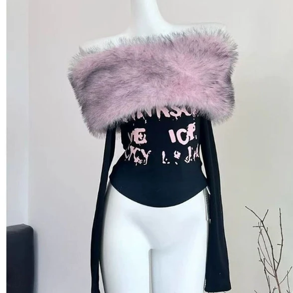 Fur Collar One-shoulder Long-sleeved Women Slim-fit Printed Pattern Off-shoulder Short Top Trendy Hot Girl Winter T-shirt Women
Fur Collar One-shoulder Long-sleeved Women Slim-fit Printed Pattern Off-shoulder Short Top Trendy Hot Girl Winter T-shirt Women
