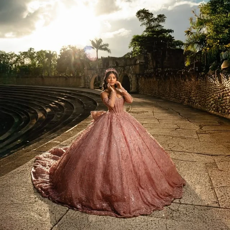 Customized Shiny Pink Off Shoulder Quinceanera Dress sequin applique 3D flower Lace Long tail Bow vestidos de 15 Quinceanera
Customized Shiny Pink Off Shoulder Quinceanera Dress sequin applique 3D flower Lace Long tail Bow vestidos de 15 Quinceanera