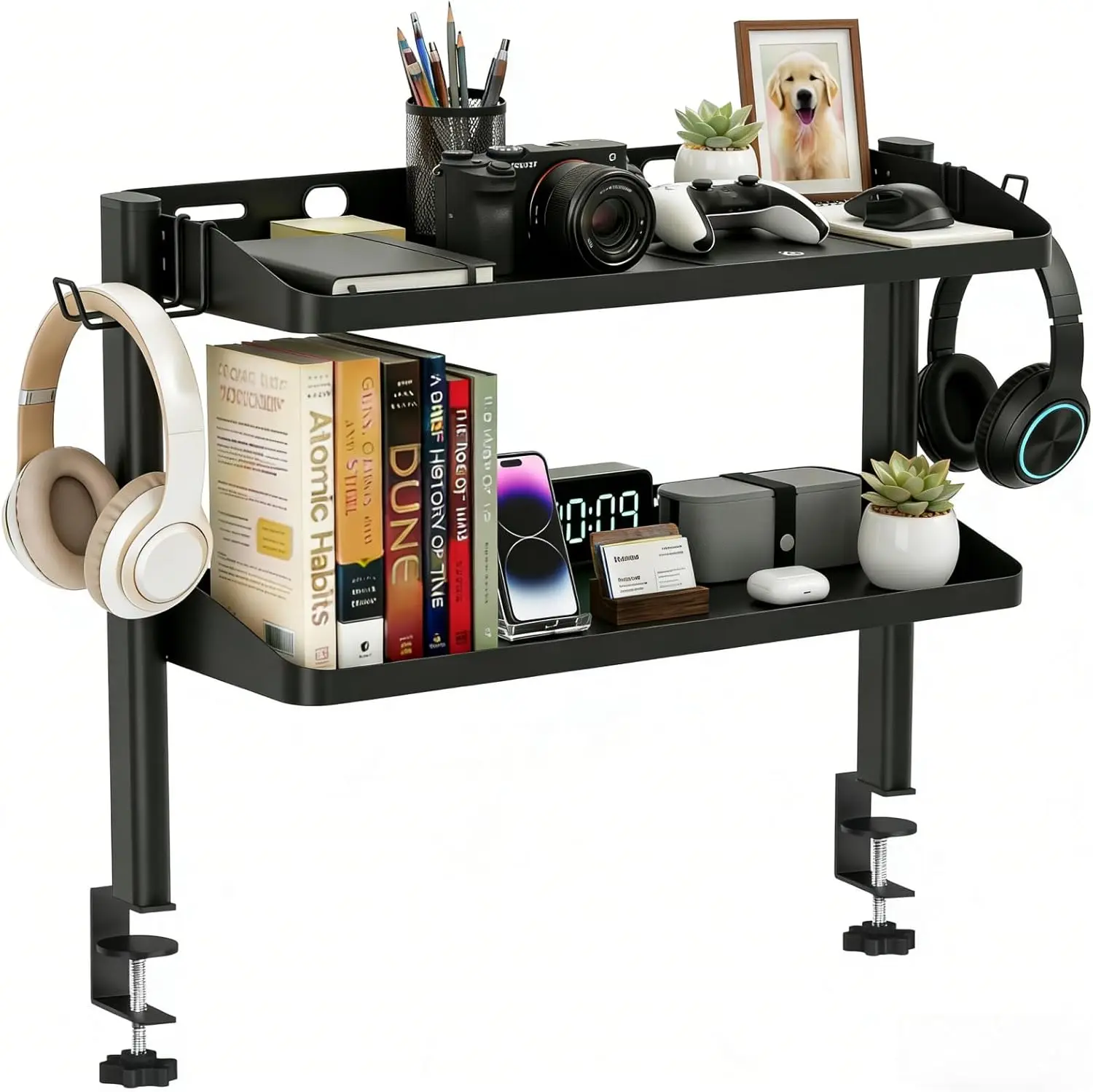 Clamp on Desk Shelf, 24in 2-Tier Office Desk Shelves Organizer with Headphone Holder and Hooks, Heavy-Duty Carbon Steel, No
Clamp on Desk Shelf, 24in 2-Tier Office Desk Shelves Organizer with Headphone Holder and Hooks, Heavy-Duty Carbon Steel, No