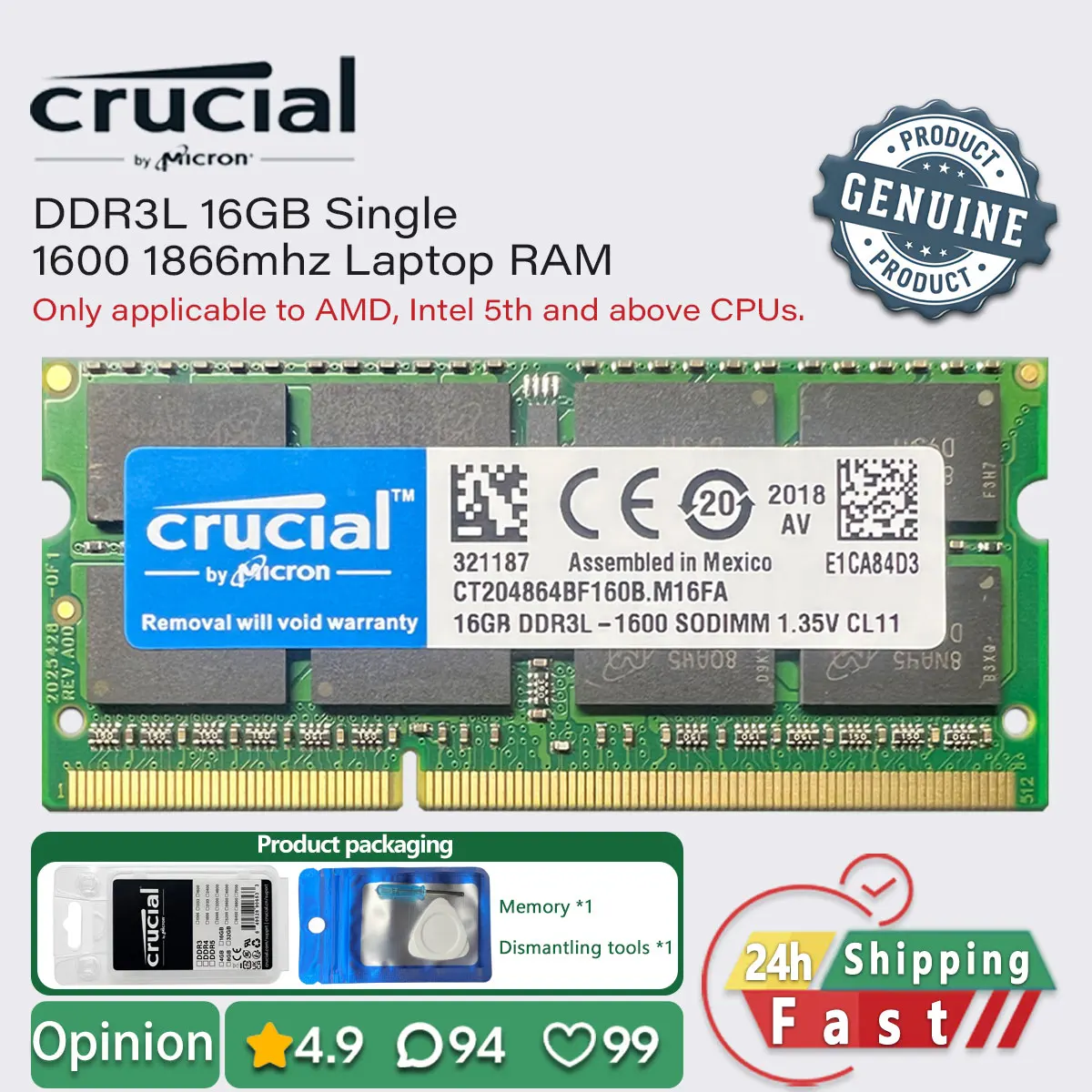 Crucial 16gb ddr3l 1600 1866 single memory laptop ram pc3l 1.35v
Crucial 16gb ddr3l 1600 1866 single memory laptop ram pc3l 1.35v