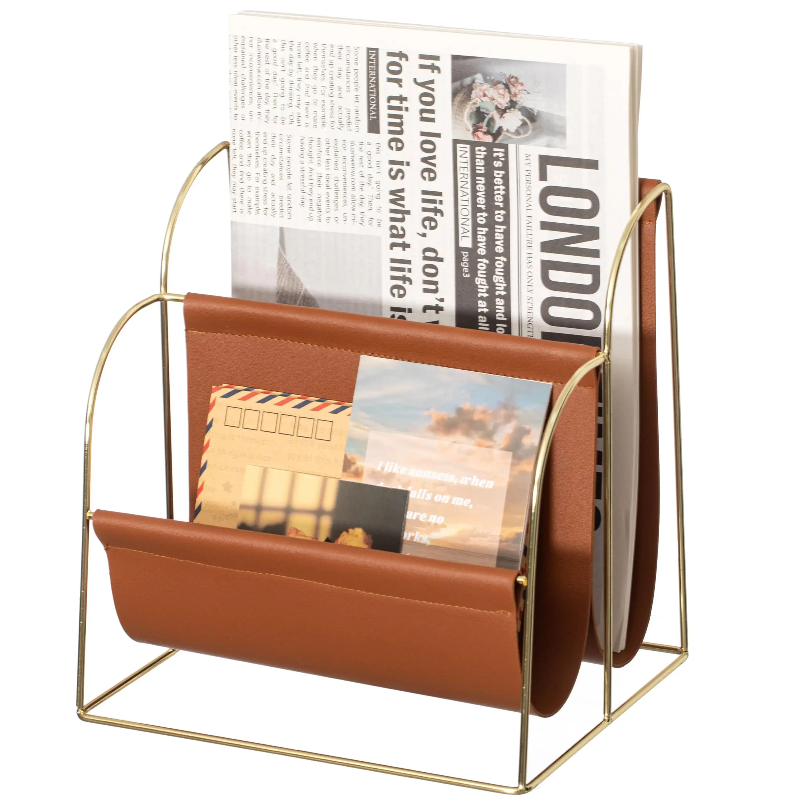 Modern Metal Magazine Holder With Two Brown Faux Leather Compartments For Office Living Room
Modern Metal Magazine Holder With Two Brown Faux Leather Compartments For Office Living Room