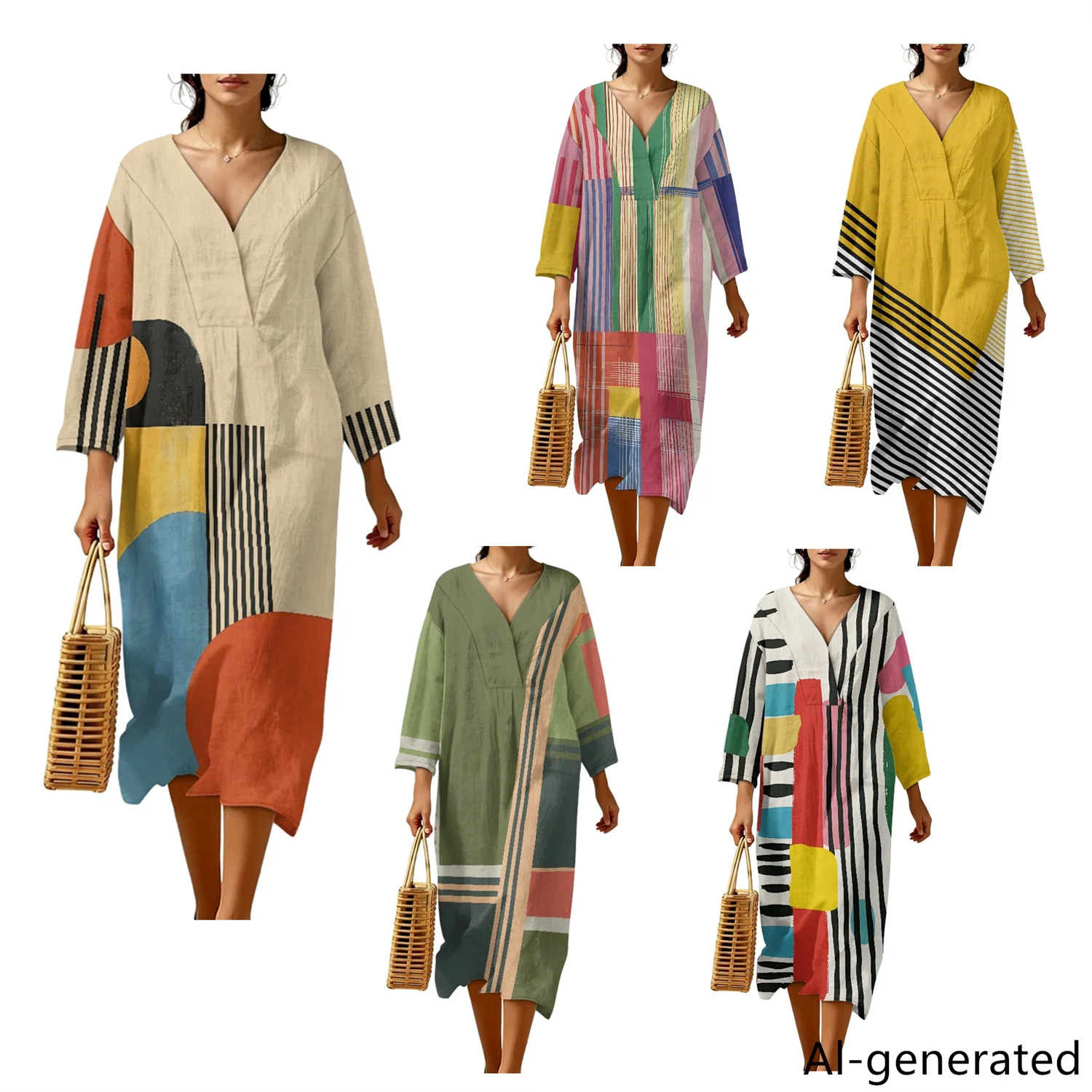 2026 New Women's Loose V-Neck Retro Linen Texture Spring Summer Colorblock Printing Three Quarter Sleeve Breathable Party Dress
2026 New Women's Loose V-Neck Retro Linen Texture Spring Summer Colorblock Printing Three Quarter Sleeve Breathable Party Dress