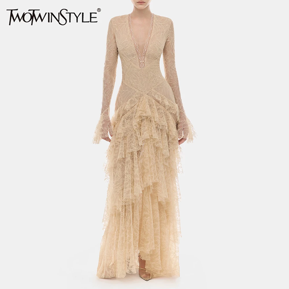 TWOTWINSTYLE Solid Slimming Spliced Lace Dress for Women V Neck Long Sleeves Patchwork Ruffles Fold Midi Dresses Female Style
TWOTWINSTYLE Solid Slimming Spliced Lace Dress for Women V Neck Long Sleeves Patchwork Ruffles Fold Midi Dresses Female Style