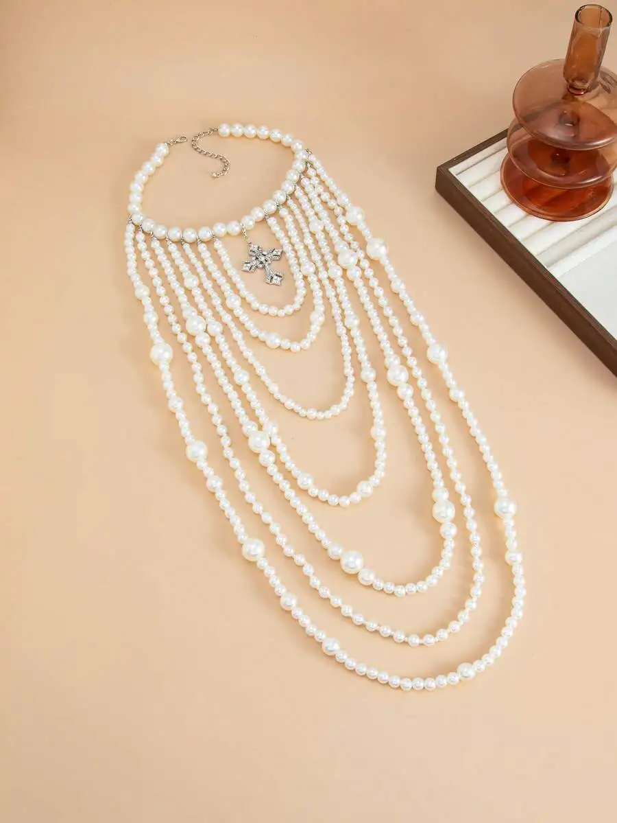 Vintage European Style Multi Layer Faux Pearl Beaded Necklace With Rhinestone Cross Pendant For Women
Vintage European Style Multi Layer Faux Pearl Beaded Necklace With Rhinestone Cross Pendant For Women
