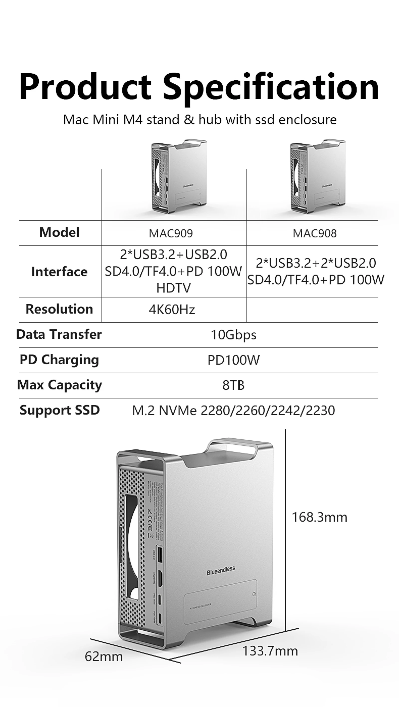 9 In 1 Stand USB C Hub with M.2 NVME SSD Enclosure for Mac Mini M4/M4 Pro Stand Type-C Docking Station SSD Case HDMI USB3.2
9 In 1 Stand USB C Hub with M.2 NVME SSD Enclosure for Mac Mini M4/M4 Pro Stand Type-C Docking Station SSD Case HDMI USB3.2
