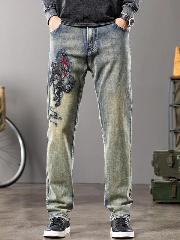 Retro Embroidered Slim Fit Straight Leg Men's Jeans Elastic Trendy Long Pants Spring Autumn Wear Resistant hine Waable
Retro Embroidered Slim Fit Straight Leg Men's Jeans Elastic Trendy Long Pants Spring Autumn Wear Resistant hine Waable