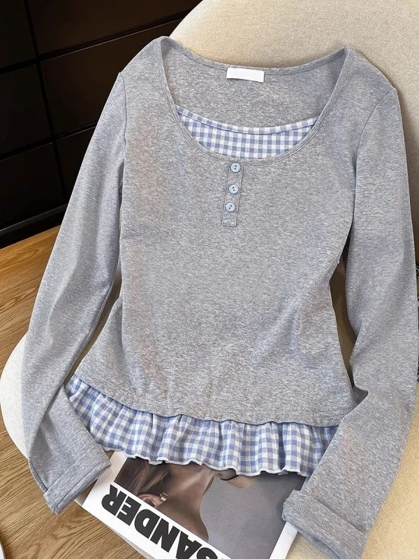 Spring Atmosphere Grey Long Sleeve T-Shirt Women's Slim Fit Inner Wear Commute Style Korean Version Shoulder Length Top
Spring Atmosphere Grey Long Sleeve T-Shirt Women's Slim Fit Inner Wear Commute Style Korean Version Shoulder Length Top