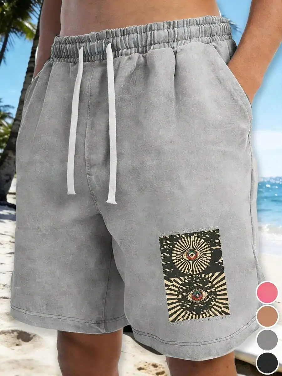 Men’s Washed Cotton Loose Shorts With Dual Drawstrings, Elastic Waist, Eye Graphic Print, Beachwear For Summer Outdoor Use
Men’s Washed Cotton Loose Shorts With Dual Drawstrings, Elastic Waist, Eye Graphic Print, Beachwear For Summer Outdoor Use