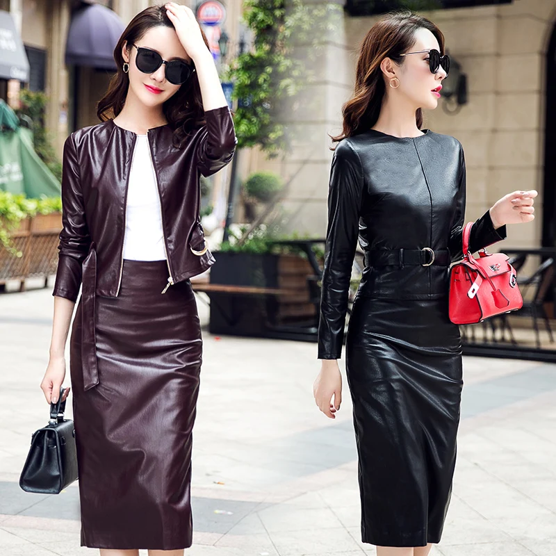 New 2023 Fashion Slim Fit Solid Color Pu Leather Two Piece Set Women with Belt Female Mid-calf Length Skirt Dress Sets Woman
New 2023 Fashion Slim Fit Solid Color Pu Leather Two Piece Set Women with Belt Female Mid-calf Length Skirt Dress Sets Woman