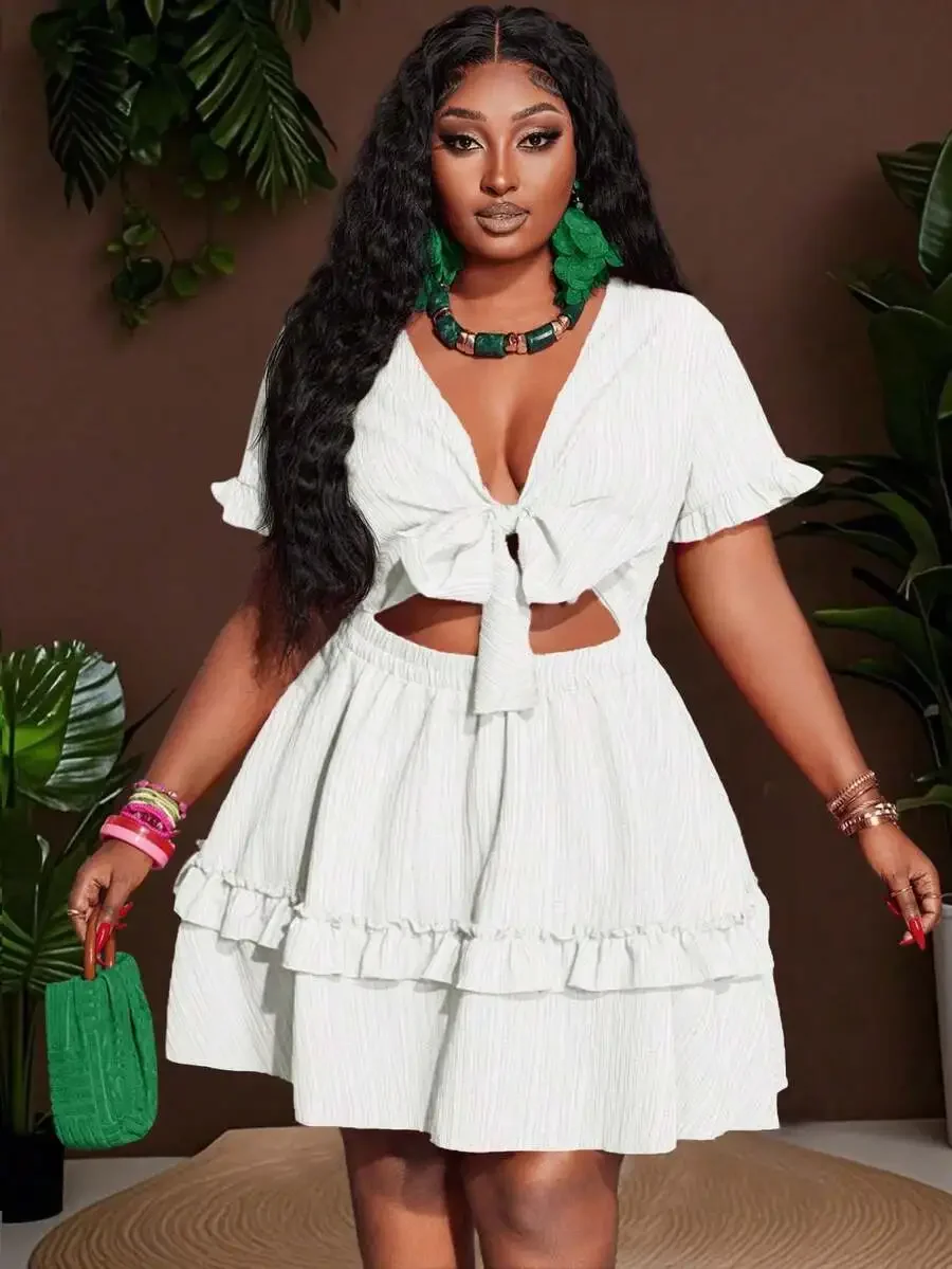 White Ruffle Mini Dress With Chest Tie-Up And Cut-Out Detail, A-Line Hem, Woven Texture, Casual Holiday Wear
White Ruffle Mini Dress With Chest Tie-Up And Cut-Out Detail, A-Line Hem, Woven Texture, Casual Holiday Wear