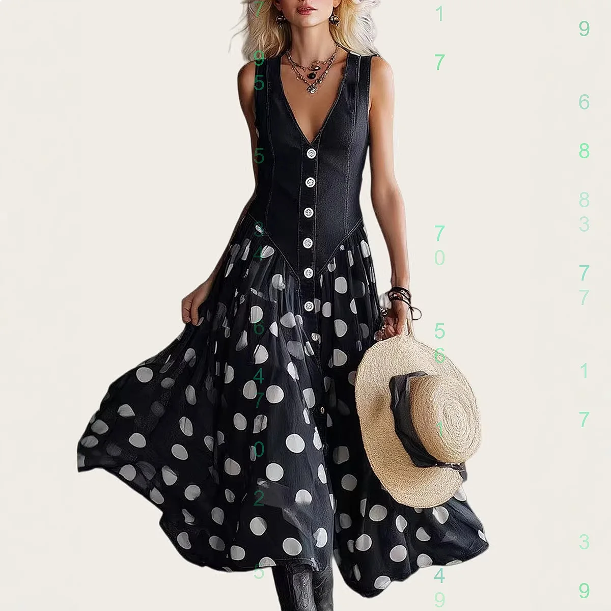 Classic Vintage Black Denim Polka Dot Print Sleeveless Long Dress Spring Summer
Classic Vintage Black Denim Polka Dot Print Sleeveless Long Dress Spring Summer