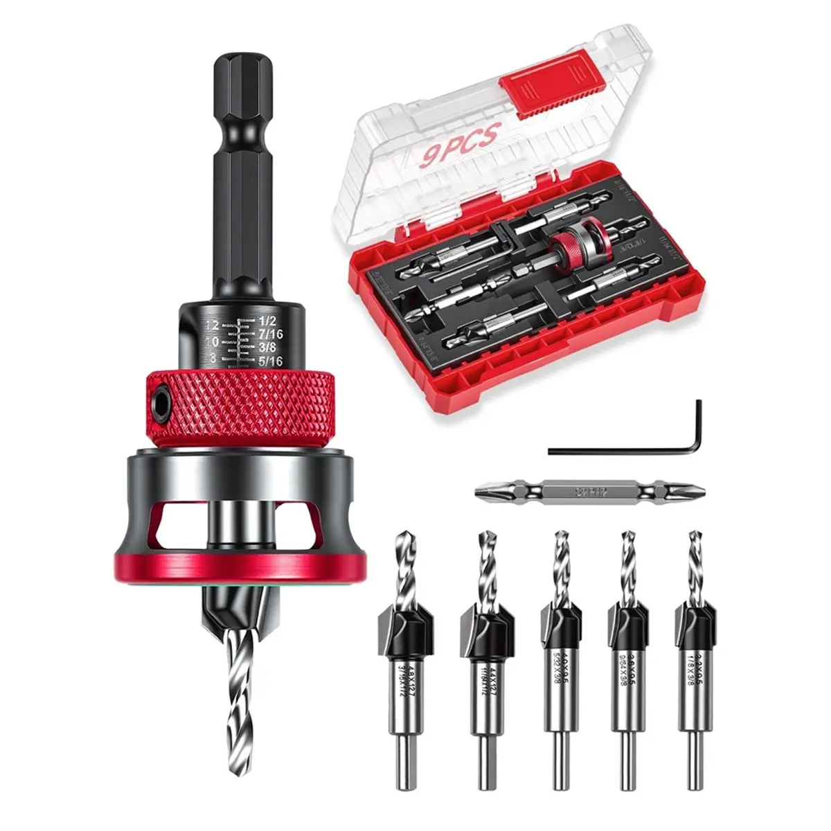 A58Z Countersink Drill Bits Set,5PCS Two-Flute Alloy Tapered Drill Bits and Adjustable Depth Stop Collar,Wood Countersink Bit
A58Z Countersink Drill Bits Set,5PCS Two-Flute Alloy Tapered Drill Bits and Adjustable Depth Stop Collar,Wood Countersink Bit