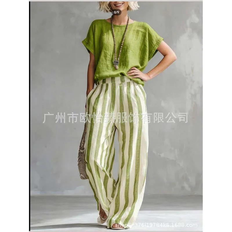 Women Loose Vacation Female Trousers Set Summer New Casual Solid Color Top + Striped Wide-leg Trousers 2piece Set Fashion Simple
Women Loose Vacation Female Trousers Set Summer New Casual Solid Color Top + Striped Wide-leg Trousers 2piece Set Fashion Simple