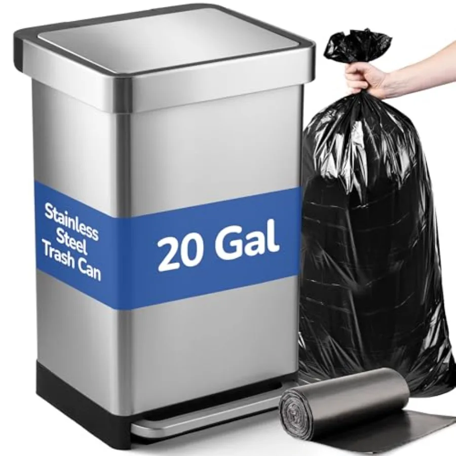 20 Gallon Stainless Steel Large Kitchen Trash Can with Feet Pedal, Soft Close Lid and Trash Bag Retainer Rim
20 Gallon Stainless Steel Large Kitchen Trash Can with Feet Pedal, Soft Close Lid and Trash Bag Retainer Rim