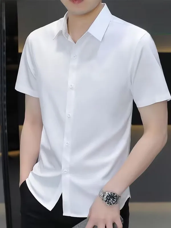 Short Sleeve Ice Silk Men's Shirt Thin Wedding Top Summer New Style Youth Fashion Button Design No Iron Treatment White Shirt
Short Sleeve Ice Silk Men's Shirt Thin Wedding Top Summer New Style Youth Fashion Button Design No Iron Treatment White Shirt