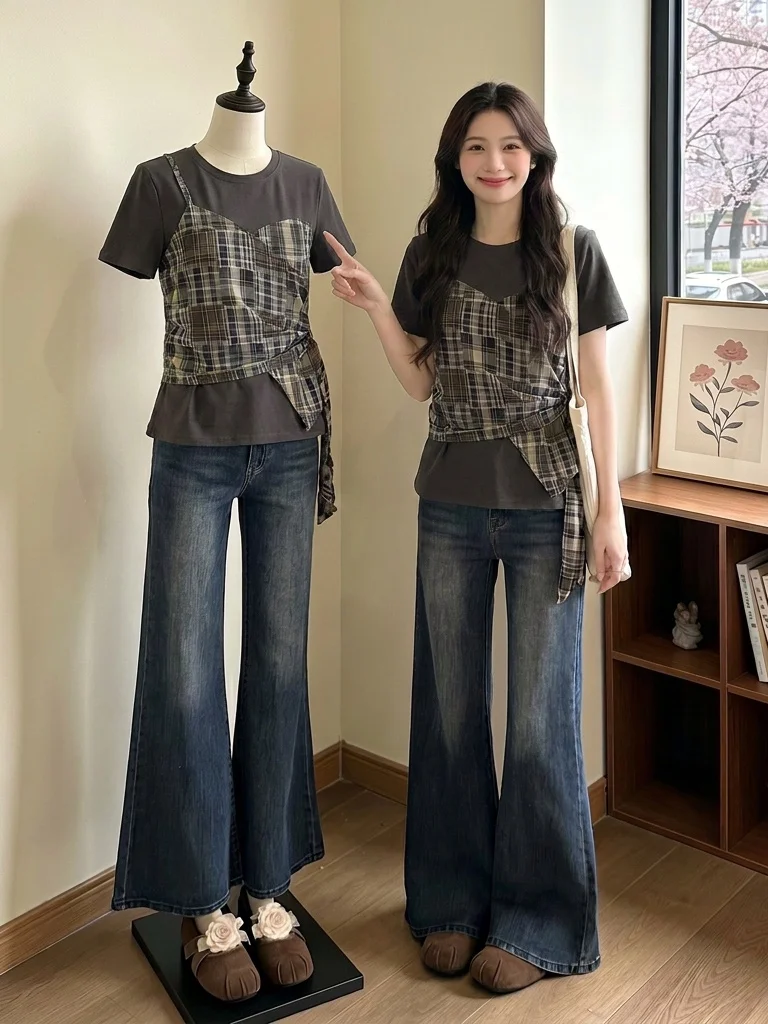 Summer New plus Size Women's T-Shirt with Belted Waist Plaid Splicing Shoulder-Length Sleeve High Waist Design Fake Two-Piece...
Summer New plus Size Women's T-Shirt with Belted Waist Plaid Splicing Shoulder-Length Sleeve High Waist Design Fake Two-Piece...