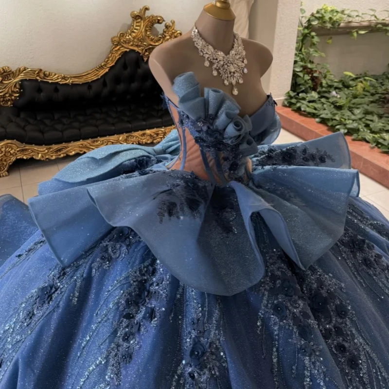 Dark Blue Quinceanera Dress Sequins Crystal 3D Flower Decal Long tail off-shoulder Bow Vestidos De 15 Quinceanera Customize
Dark Blue Quinceanera Dress Sequins Crystal 3D Flower Decal Long tail off-shoulder Bow Vestidos De 15 Quinceanera Customize
