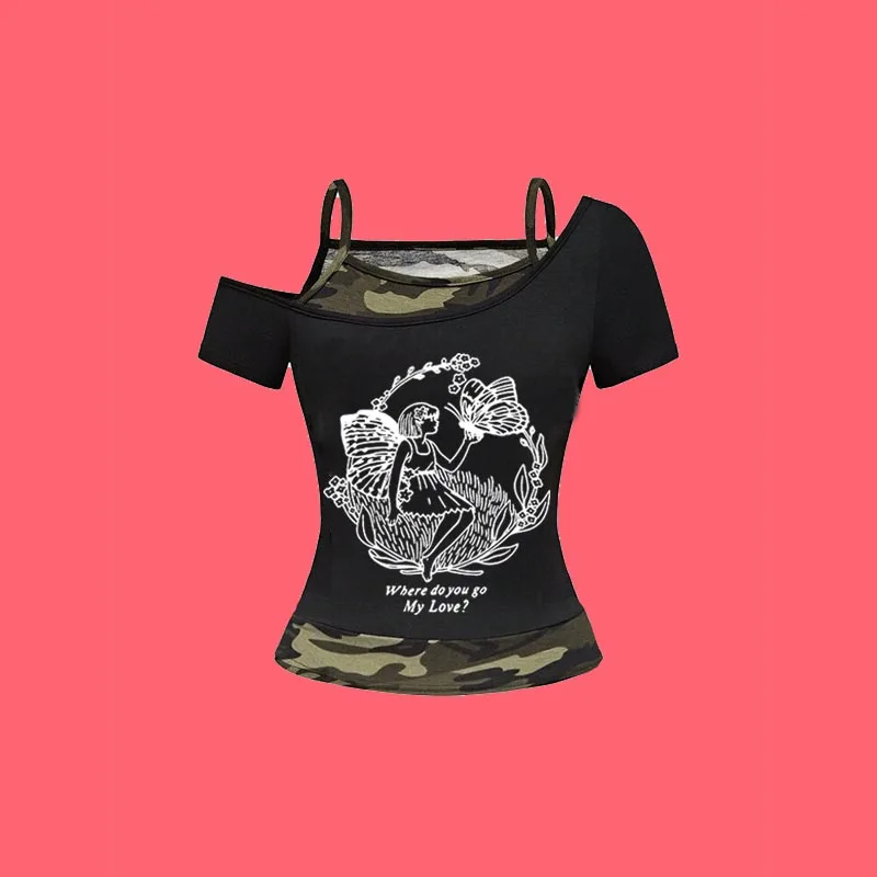 European and American Gothic women's T-shirt short sleeved fake two piece contrasting print slim fit short strap slim fit
European and American Gothic women's T-shirt short sleeved fake two piece contrasting print slim fit short strap slim fit