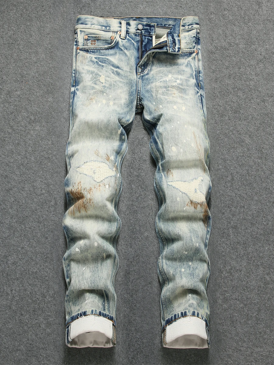 High Street Sle Men's Denim Jeans High Quali Patched Hole Dye Spill Cotton Straight Leg Long Trousers Spring Autumn Wear
High Street Sle Men's Denim Jeans High Quali Patched Hole Dye Spill Cotton Straight Leg Long Trousers Spring Autumn Wear