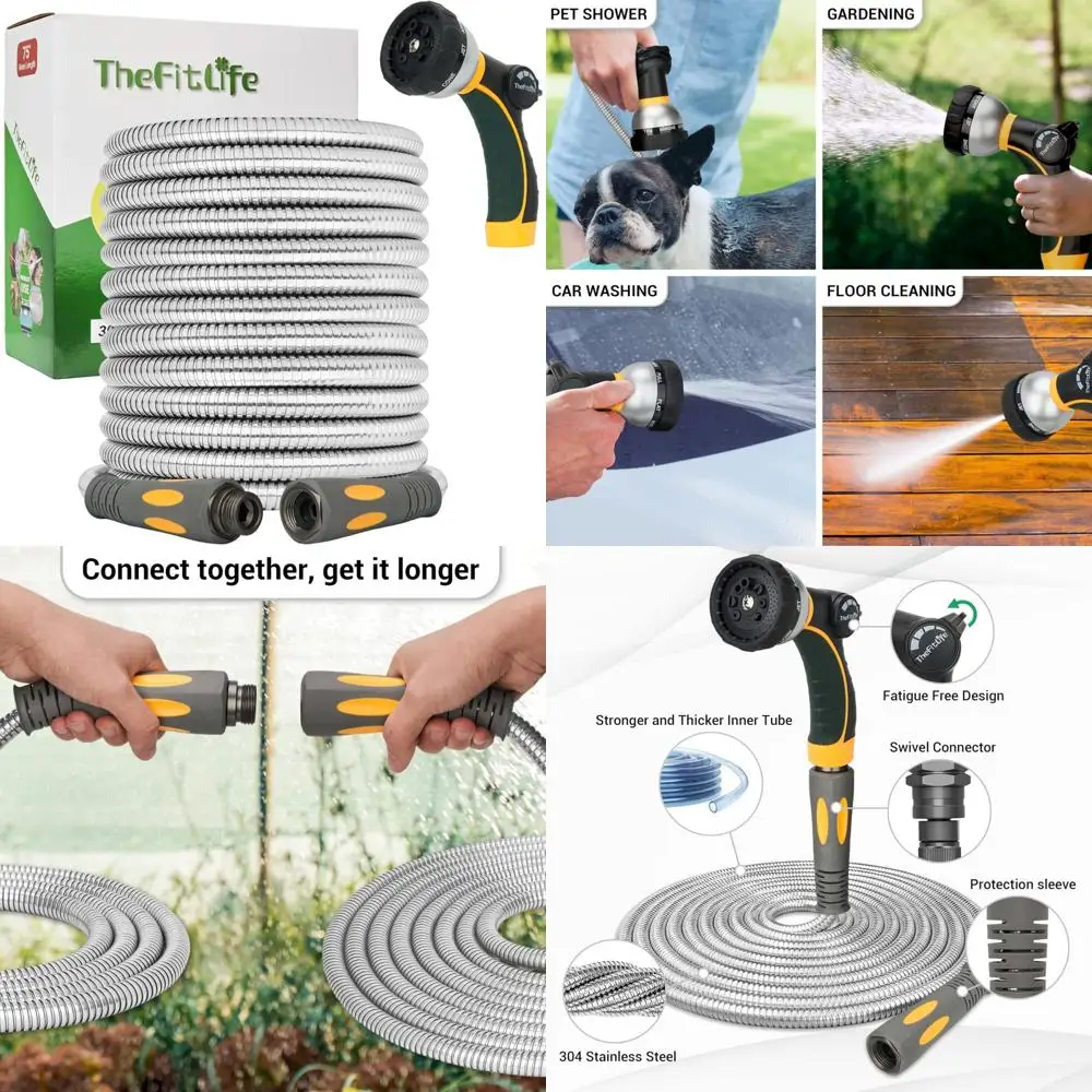 Гибкий металлический садовый шланг, легкая нержавеющая сталь 75 футов, с прочными фитингами и распылительной насадкой для длительного использования
Гибкий металлический садовый шланг, легкая нержавеющая сталь 75 футов, с прочными фитингами и распылительной насадкой для длительного использования