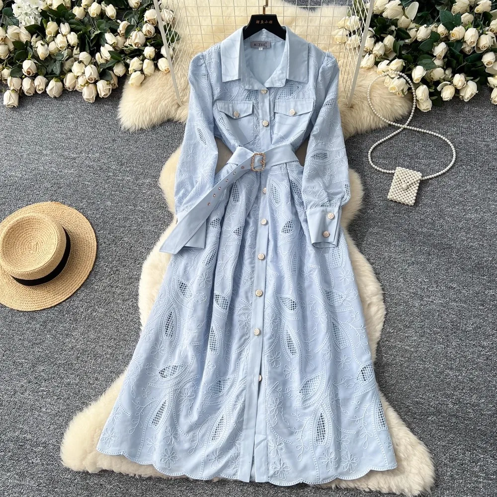2025 Femme Flower Embroidery Lace Elegant Midi Dresses Women's Shirt Collar Lantern Sleeve Blet Long Party Robes Vestidos
2025 Femme Flower Embroidery Lace Elegant Midi Dresses Women's Shirt Collar Lantern Sleeve Blet Long Party Robes Vestidos