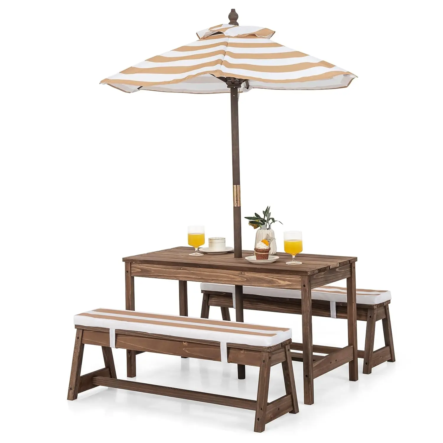 Kids Picnic Table, Outdoor Wooden Table & Bench Set w/Removable Cushions and Umbrella, Stripe Fabric, Children, Customized
Kids Picnic Table, Outdoor Wooden Table & Bench Set w/Removable Cushions and Umbrella, Stripe Fabric, Children, Customized